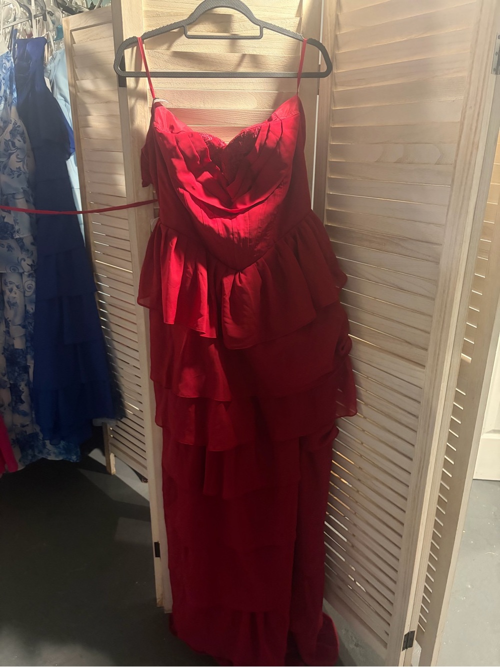 Red Tiered Ruffle Spaghetti Strap Evening Gown